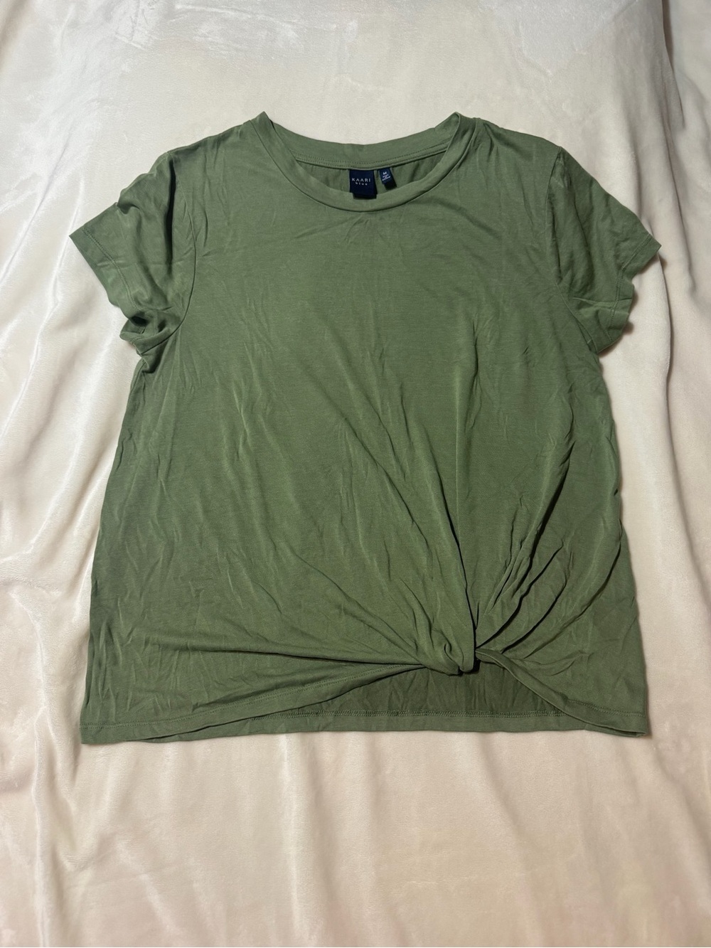 Kaari Blue Olive Green Twist Front Tee | Medium